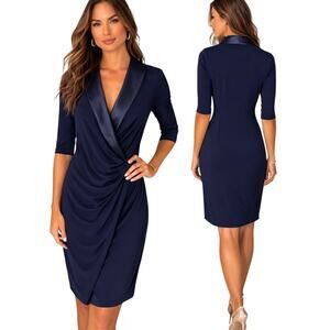 Joseph Ribkoff Liquid Knit Dress Navy Blue Faux Wrap SZ 10 Quiet Luxury Elegant